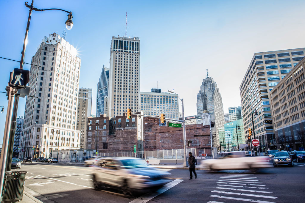 Downtown Detroit Skyline from intersection of Monroe and& Randolph Streets