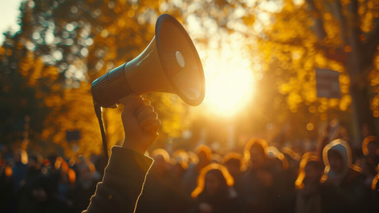 A hand holding a megaphone above a crowd at a protest