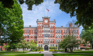 A view of the front of Clark University's landmark building
