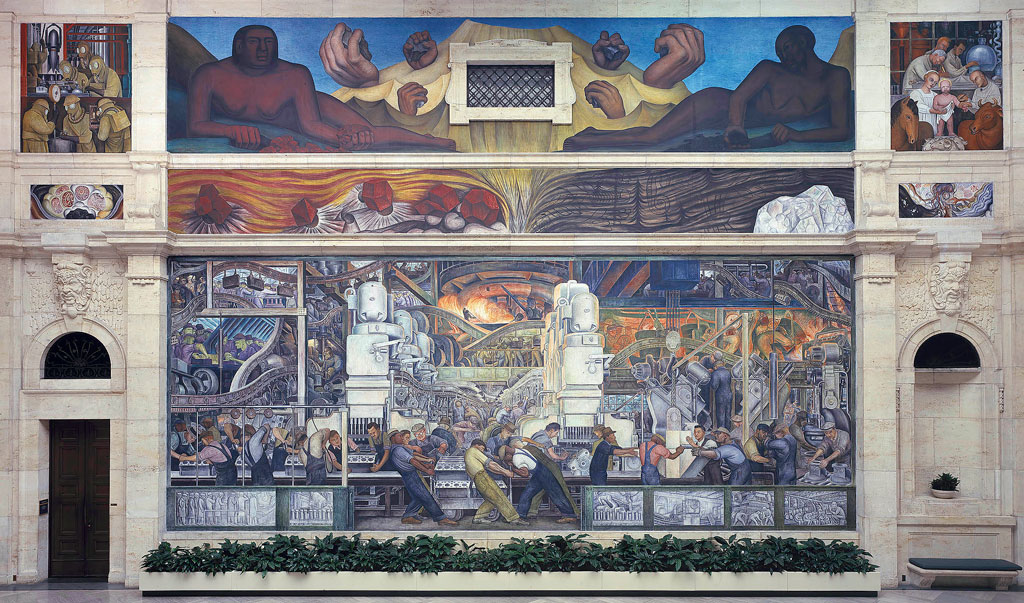 A view of the north wall of the Diego Rivera Detroit Industry mural at the Detroit Institute of Arts