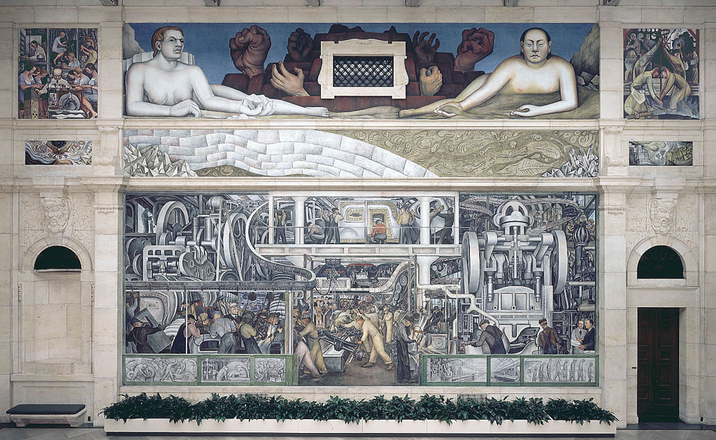 A view of the south wall of the Diego Rivera Detroit Industry mural at the Detroit Institute of Arts