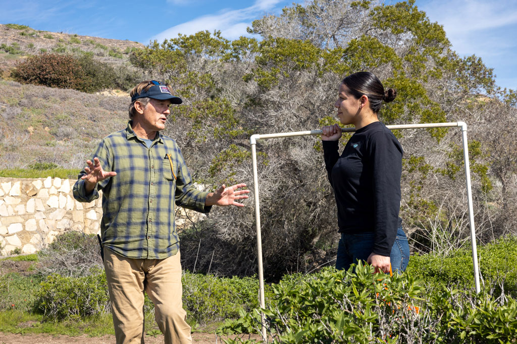 Professor and student perform field work with coastal sage scrub.