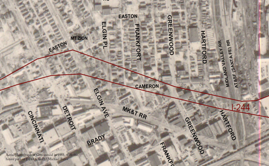 Aerial photograph of Tulsa's Greenwood neighborhood in 1951 showing the future path of Interstate 244; credit Michael Bates for Congress for the New Urbanism