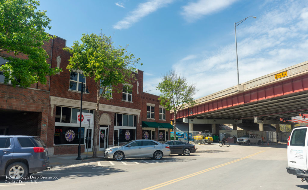 Photo of Interstate 244 cutting through the Deep Greenwood neighborhood of Tulsa, Okla.; credit Daniel Jeffries for Congress for the New Urbanism