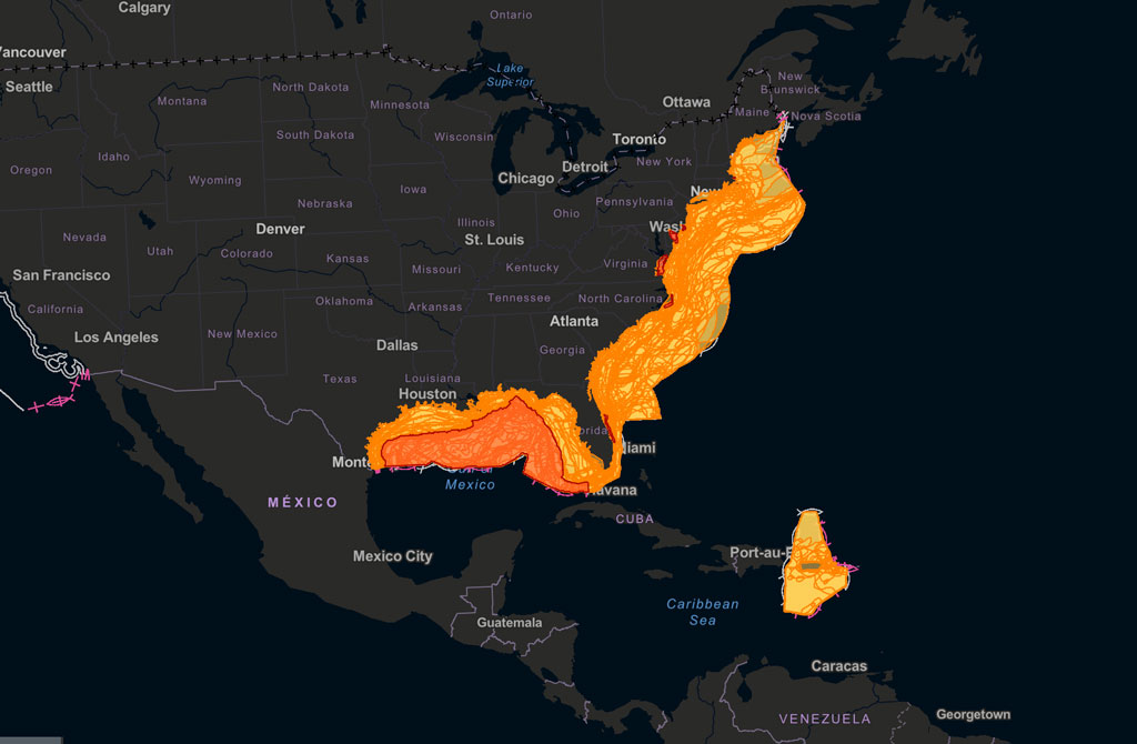 Image of a static map showing fish habitats off the East and Gulf Coasts, as well as in the Caribbean Sea. Credit: NOAA