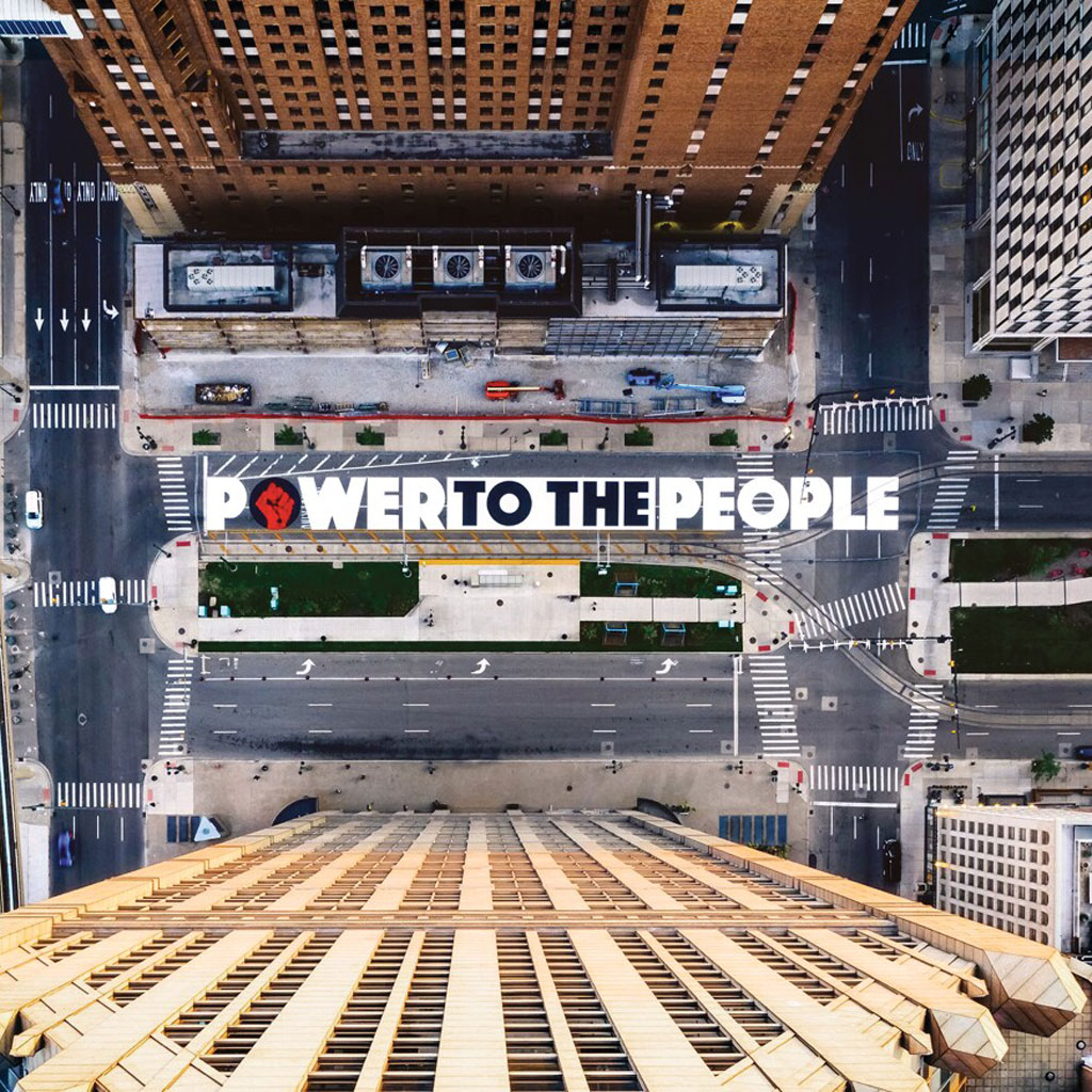 Power to the People mural captured in an image from above on Woodward Avenue in Detroit; Source: Joe Gall, courtesy Hubert Massey and Detroit Heals Detroit