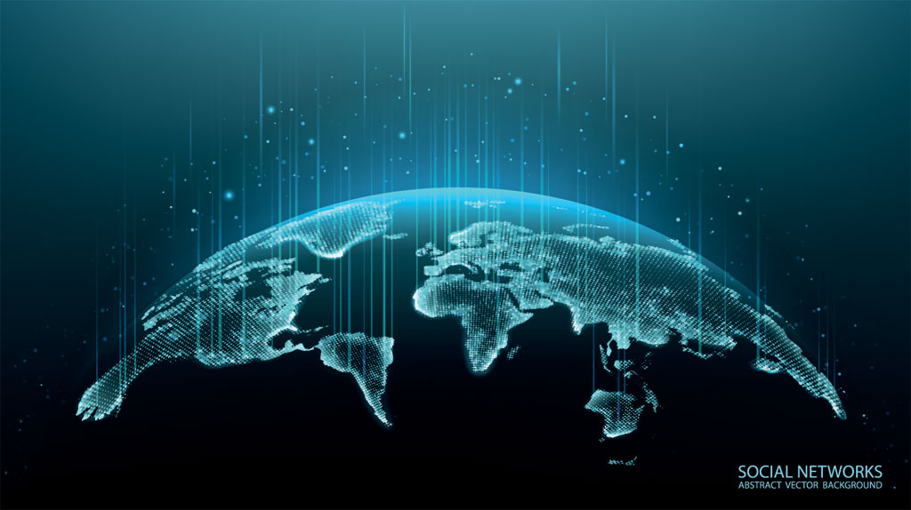 Stretched view of globe on semicircle with glowing lines radiating upward from countries for network concept