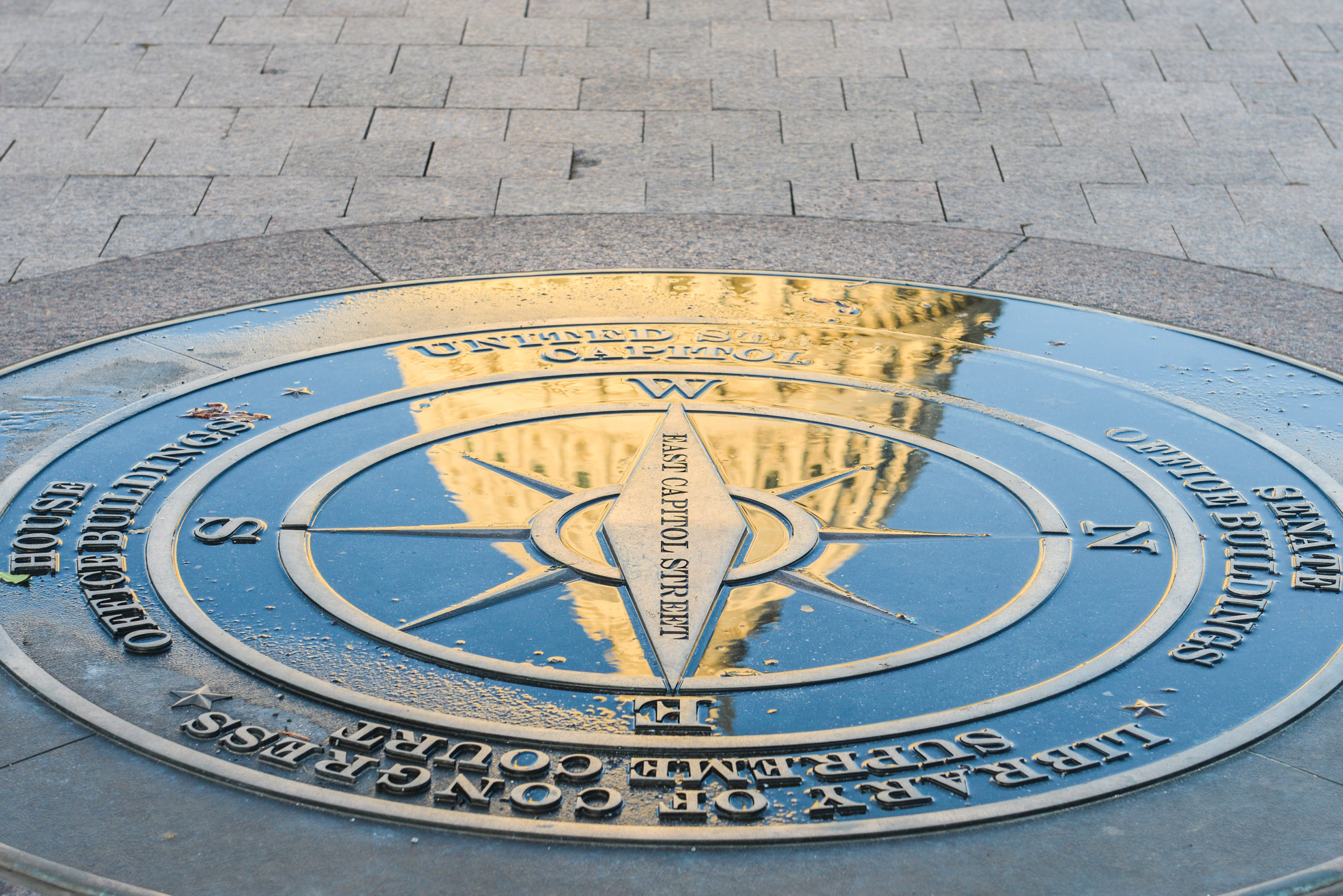 Reflection of US capitol in a puddle